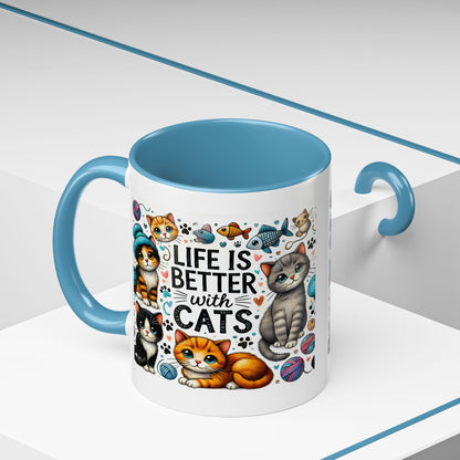 Life Is Better With Cats Accent Coffee Mug – Cute Kitten Ceramic Tea Cup (11/15oz)