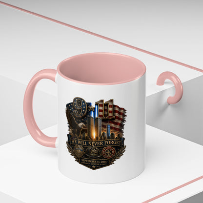 We Will Never Forget 9/11 Memorial Coffee Mug — Patriotic Tribute Accent Mug