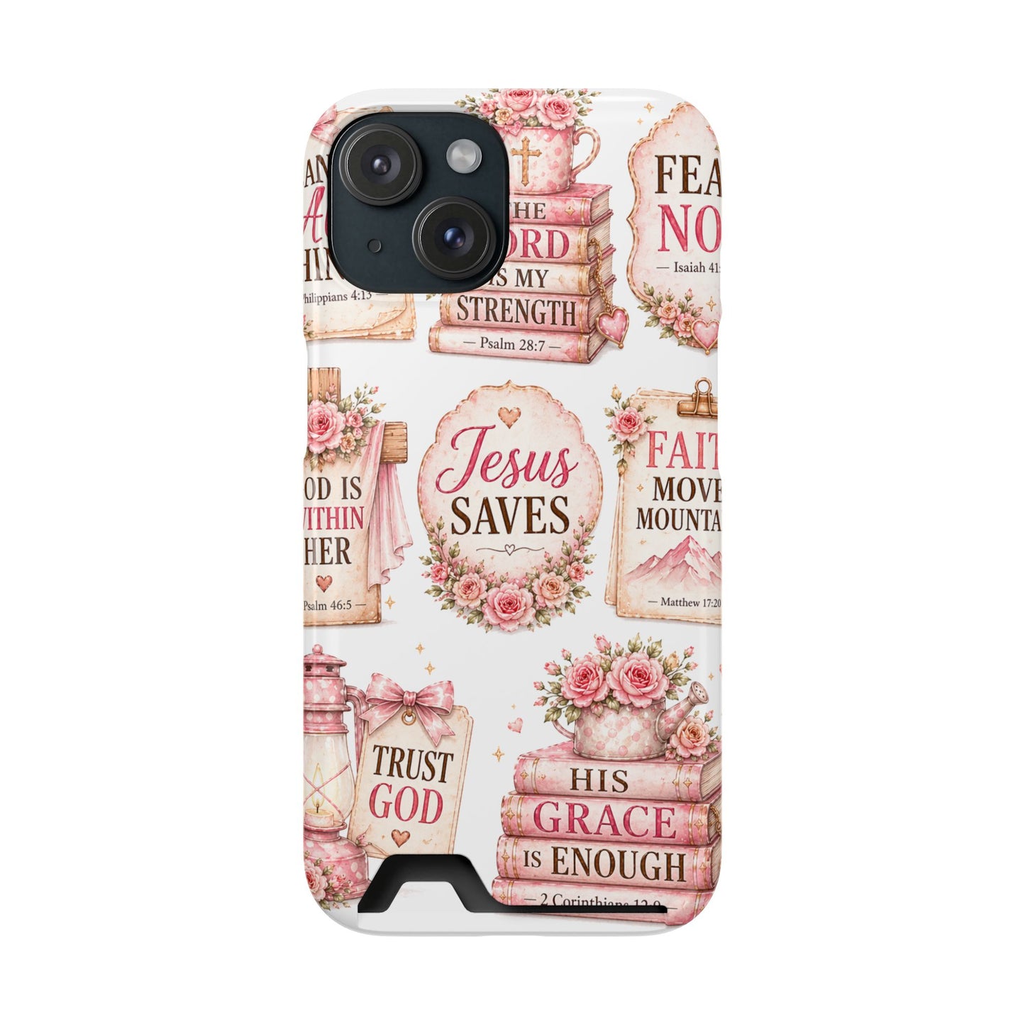 Christian Phone Case with Card Holder — 'Jesus Saves' Floral Scripture Design