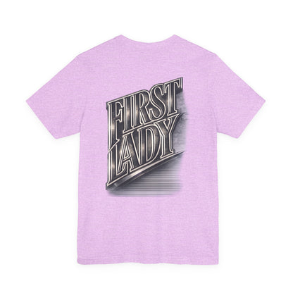 First Lady Graphic Tee — Retro Metallic Script Short Sleeve Shirt
