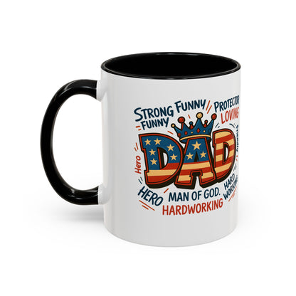 Dad Coffee Mug — Patriotic "DAD" Design with Loving, Hardworking, Protector Keywords (11/15oz Accent Mug)