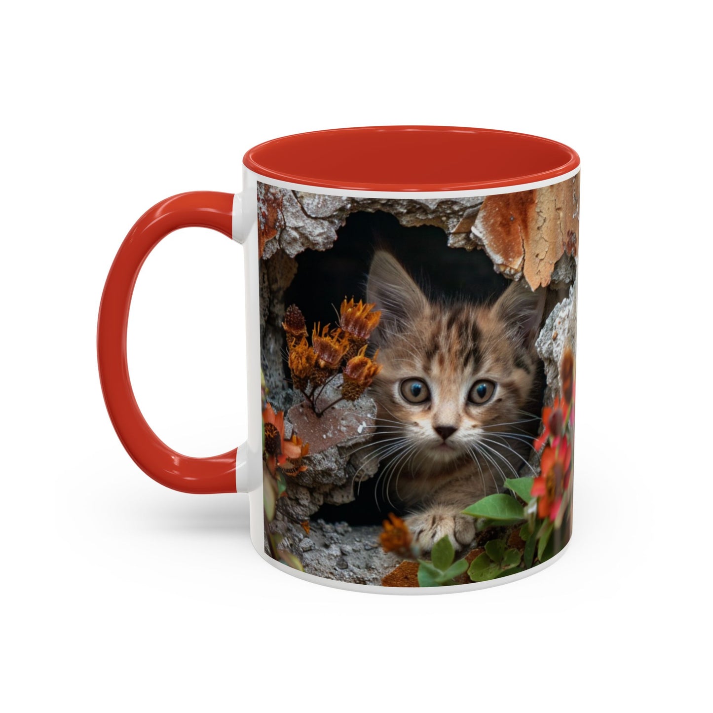 Cute Kitten Peek Accent Coffee Mug — Tabby Cat Floral 11/15oz