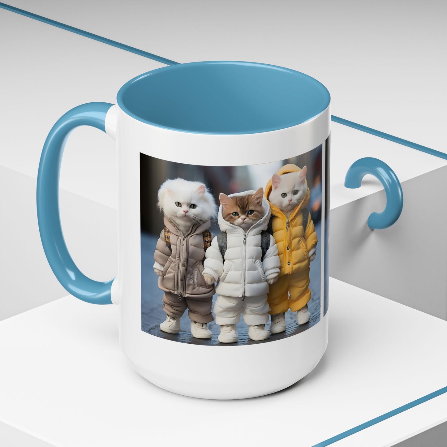 Cat Crew Accent Coffee Mug — Cute Kittens in Puffer Jackets (11/15oz)