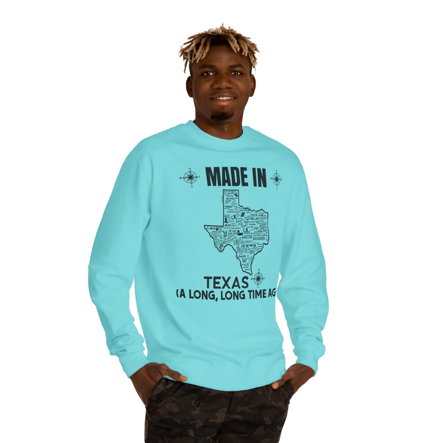 Made in Texas Crewneck Sweatshirt — "Made in Texas (A Long, Long Time Ago)" Vintage State Map