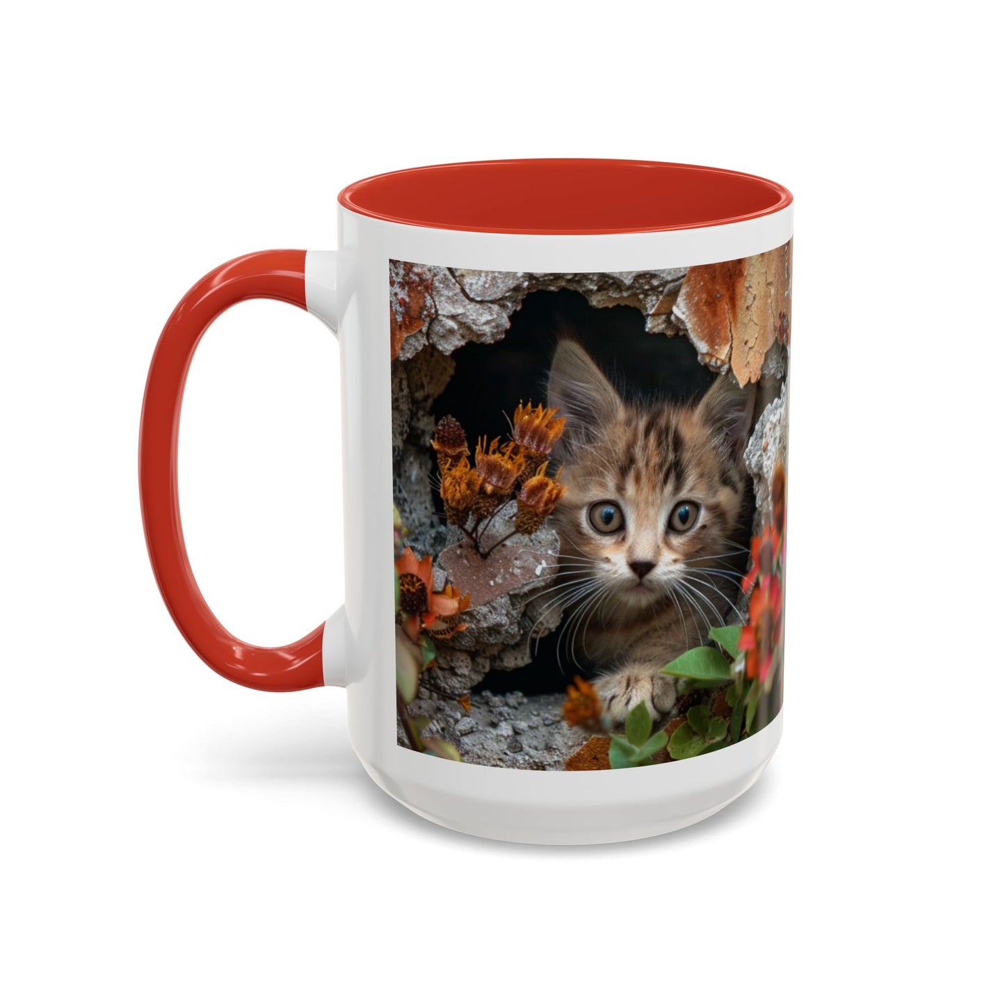 Cute Kitten Peek Accent Coffee Mug — Tabby Cat Floral 11/15oz