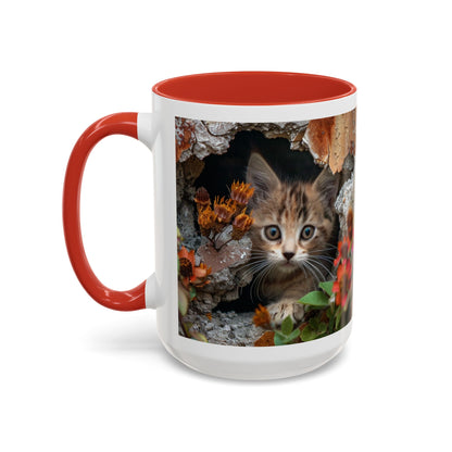 Cute Kitten Peek Accent Coffee Mug — Tabby Cat Floral 11/15oz