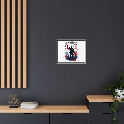 Never Forget 9/11 Framed Canvas Print — Patriotic Firefighter Memorial Art