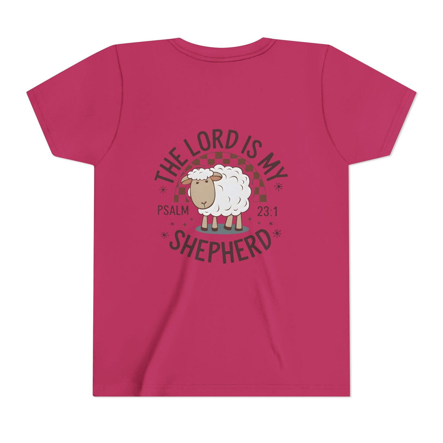 Youth Tee — "The Lord Is My Shepherd" Psalm 23:1 Christian Kids T‑Shirt (Sheep Design)