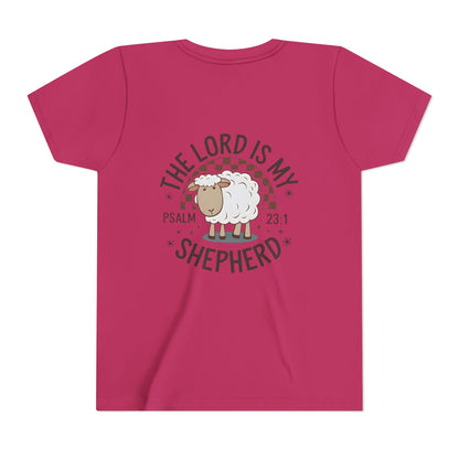 Youth Tee — "The Lord Is My Shepherd" Psalm 23:1 Christian Kids T‑Shirt (Sheep Design)