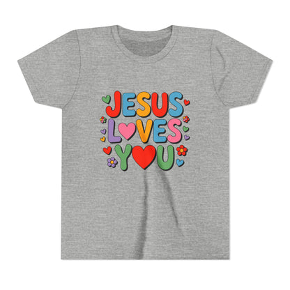 Youth Tee - "Jesus Loves You" Colorful Heart & Flower Christian Shirt