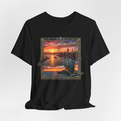 New York Sunset Skyline Tee — Statue of Liberty Vintage Travel T‑Shirt