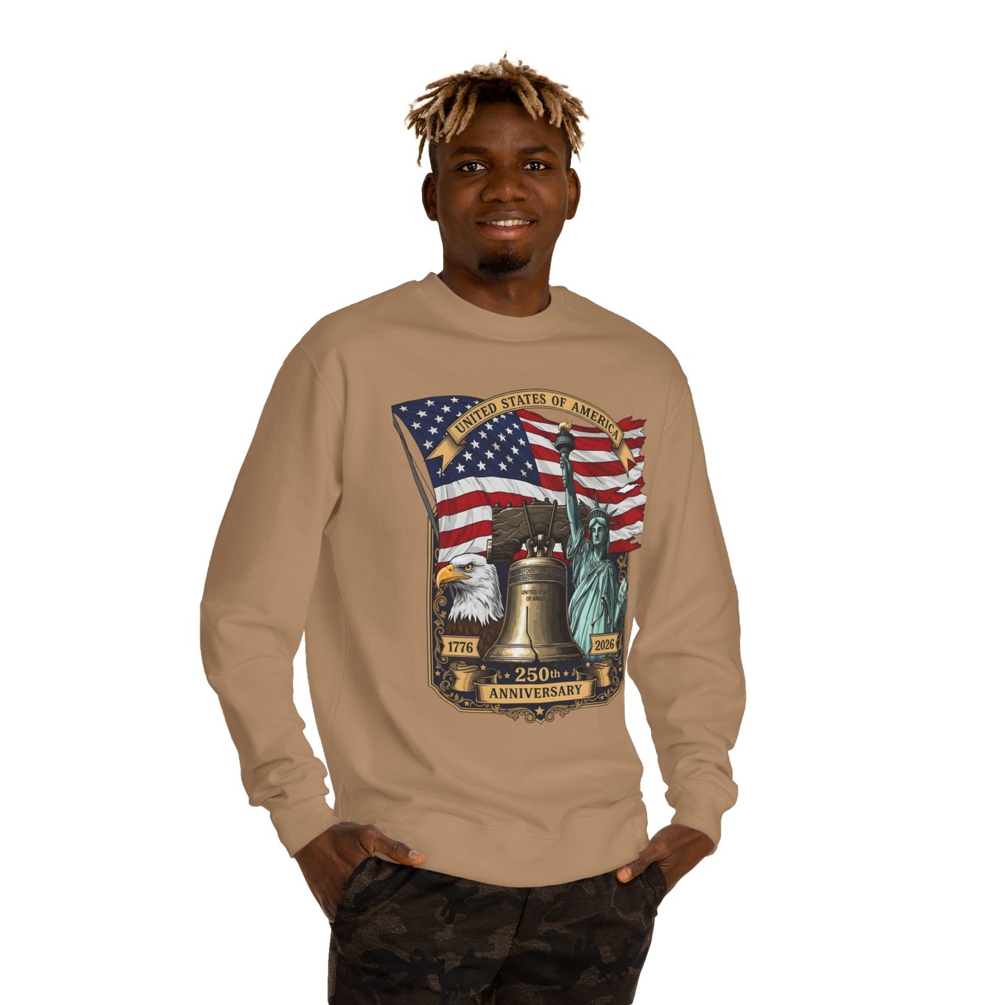 Liberty 250th Anniversary Sweatshirt — USA Flag, Statue of Liberty & Liberty Bell Design