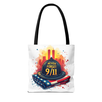 Never Forget 9/11 Memorial Tote Bag — Firefighter Helmet & Flag Tribute