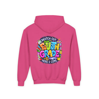 Fourth Grade Hoodie - "Watch Out Fourth Grade Here I Come" Colorful Back-to-School Kids Sweatshirt