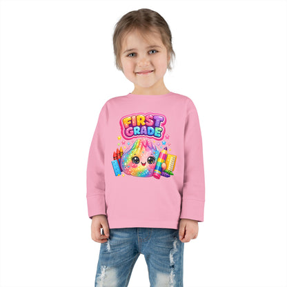 First Grade Toddler Long Sleeve Tee — Colorful Back-to-School Rainbow Crayon Design
