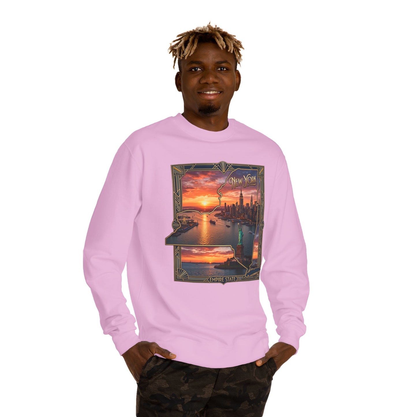 New York Sunset Crewneck Sweatshirt — Statue of Liberty Skyline Graphic