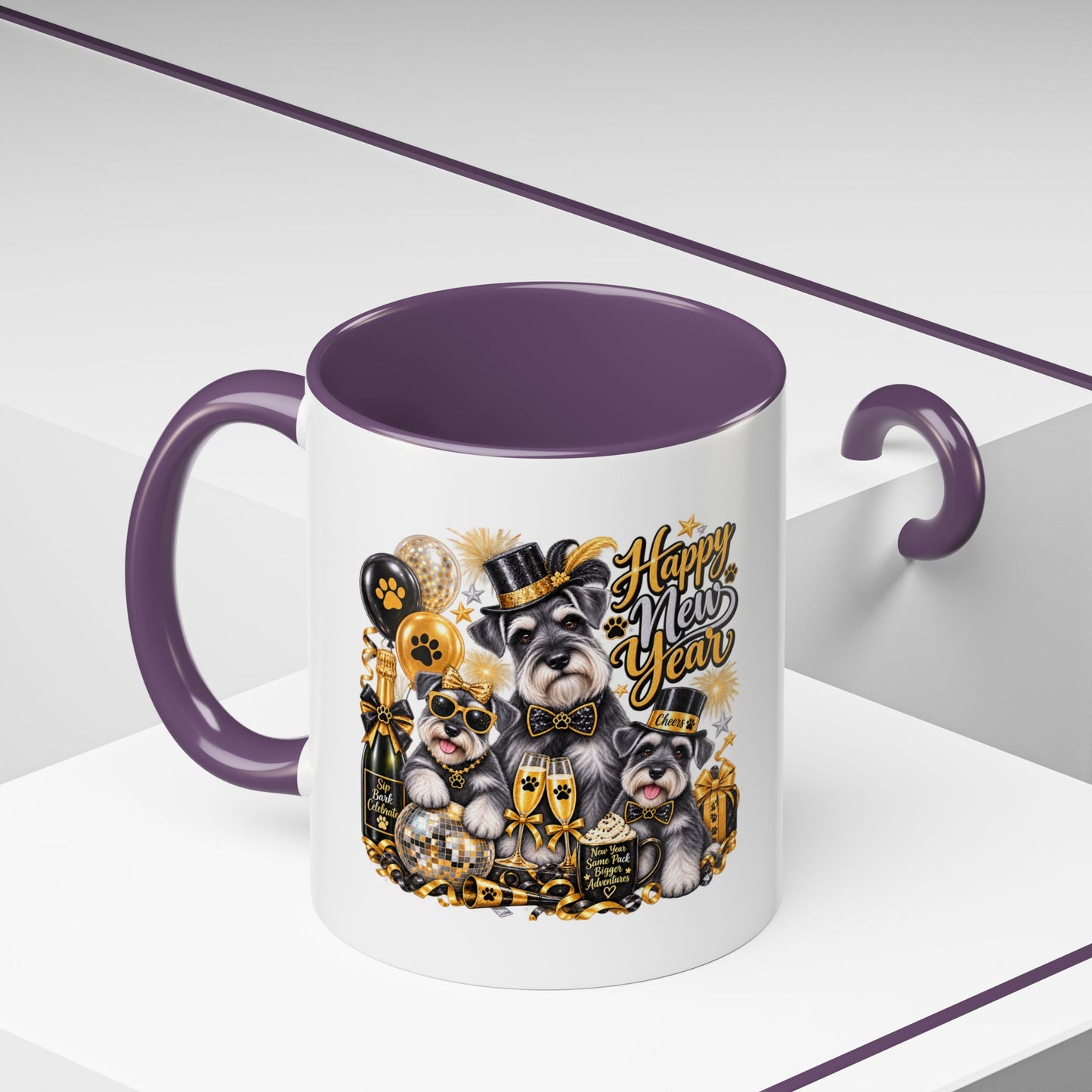 Happy New Year Schnauzer Coffee Mug — Festive Dog New Year Accent Mug (11/15oz)