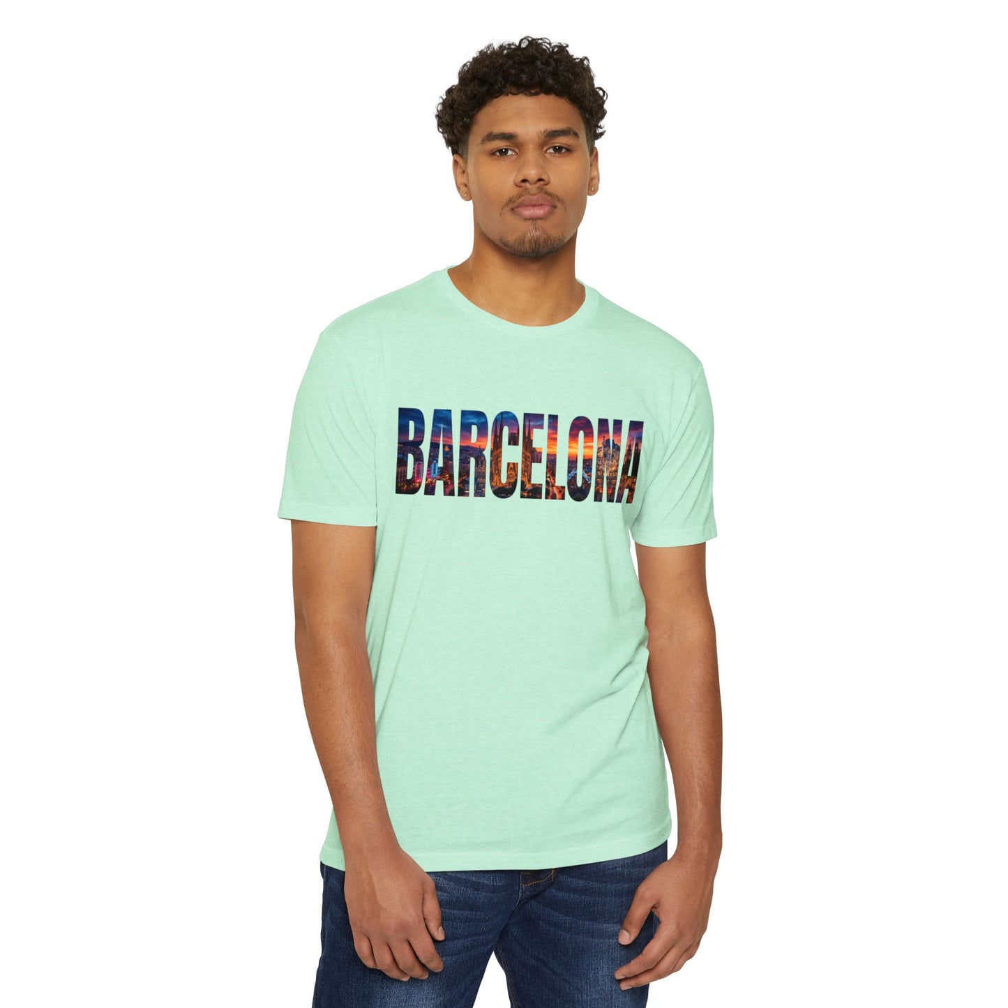 Barcelona Cityscape T‑Shirt — Scenic Sunset Lettering Travel Tee