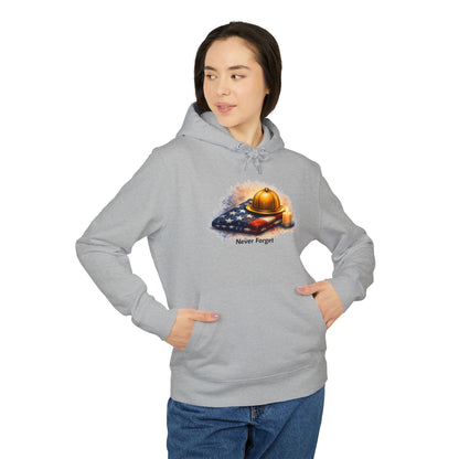 9/11 Never Forget Hoodie — Firefighter Helmet & Flag Tribute