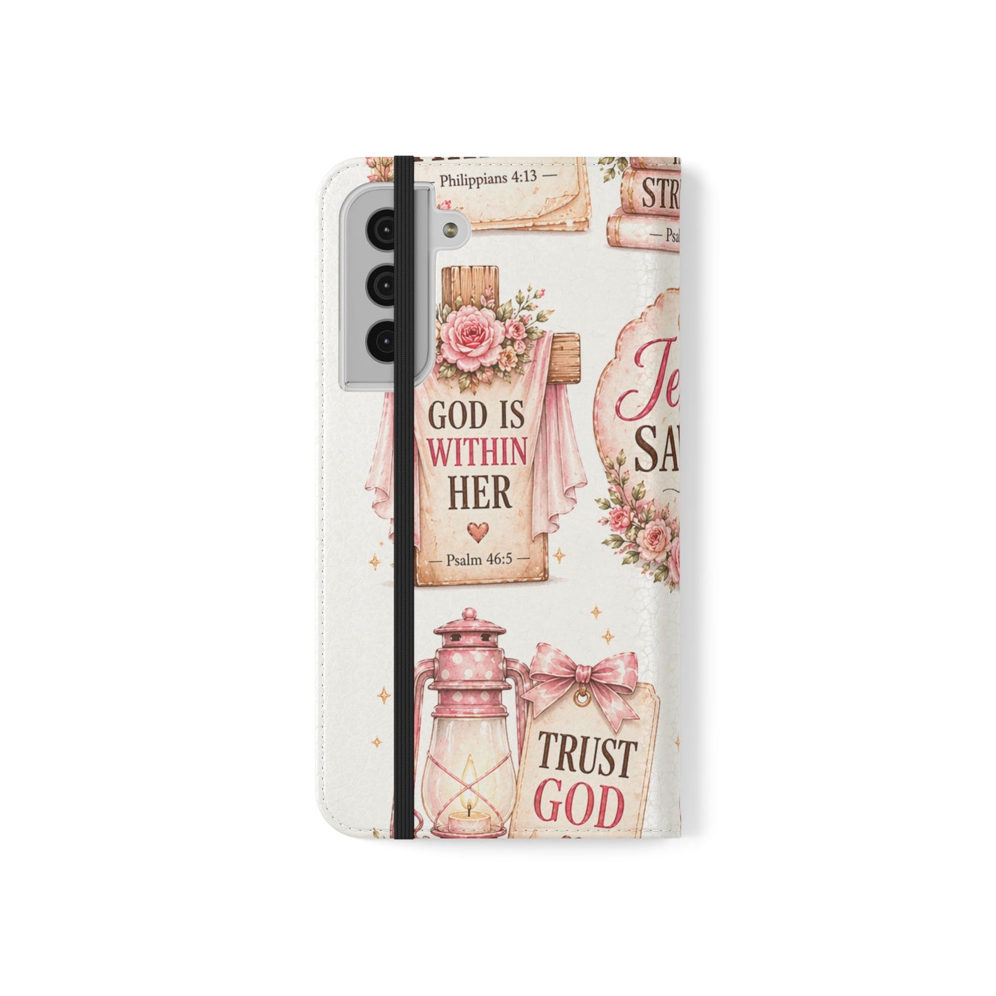 Christian Floral Phone Flip Case — "Jesus Saves" & Inspirational Scripture Wallet Cover