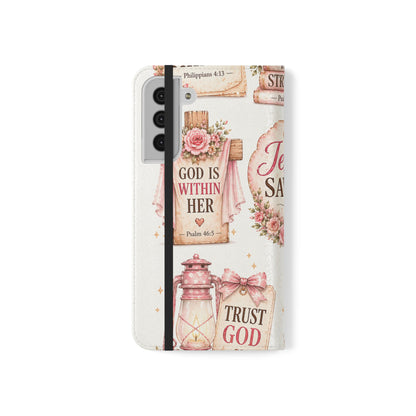 Christian Floral Phone Flip Case — "Jesus Saves" & Inspirational Scripture Wallet Cover