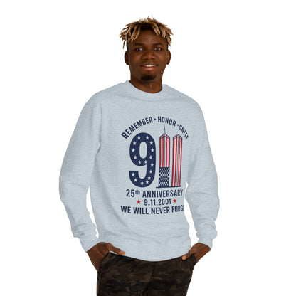 9/11 Remembrance Crewneck Sweatshirt — 25th Anniversary "We Will Never Forget"