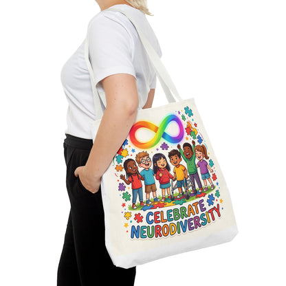 Celebrate Neurodiversity Tote Bag — Rainbow Infinity Symbol & Kids Design