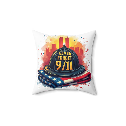 Never Forget 9/11 Memorial Throw Pillow — Firefighter Helmet & American Flag