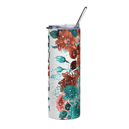 Nursery Floral 20oz Stainless Steel Tumbler — Rose & Teal Vertical Name Design