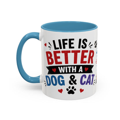 Dog and Cat Coffee Mug – "Life is Better with a Cat" Accent Ceramic Mug