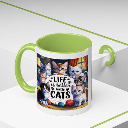 Life Is Better With Cats Accent Coffee Mug – Cute Kitten Cat Lover Gift (11/15oz)