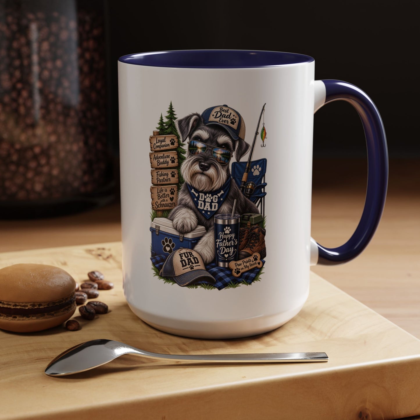 Schnauzer Dad Accent Coffee Mug – "Dog Dad" Camping Paw Print Design (11/15oz)