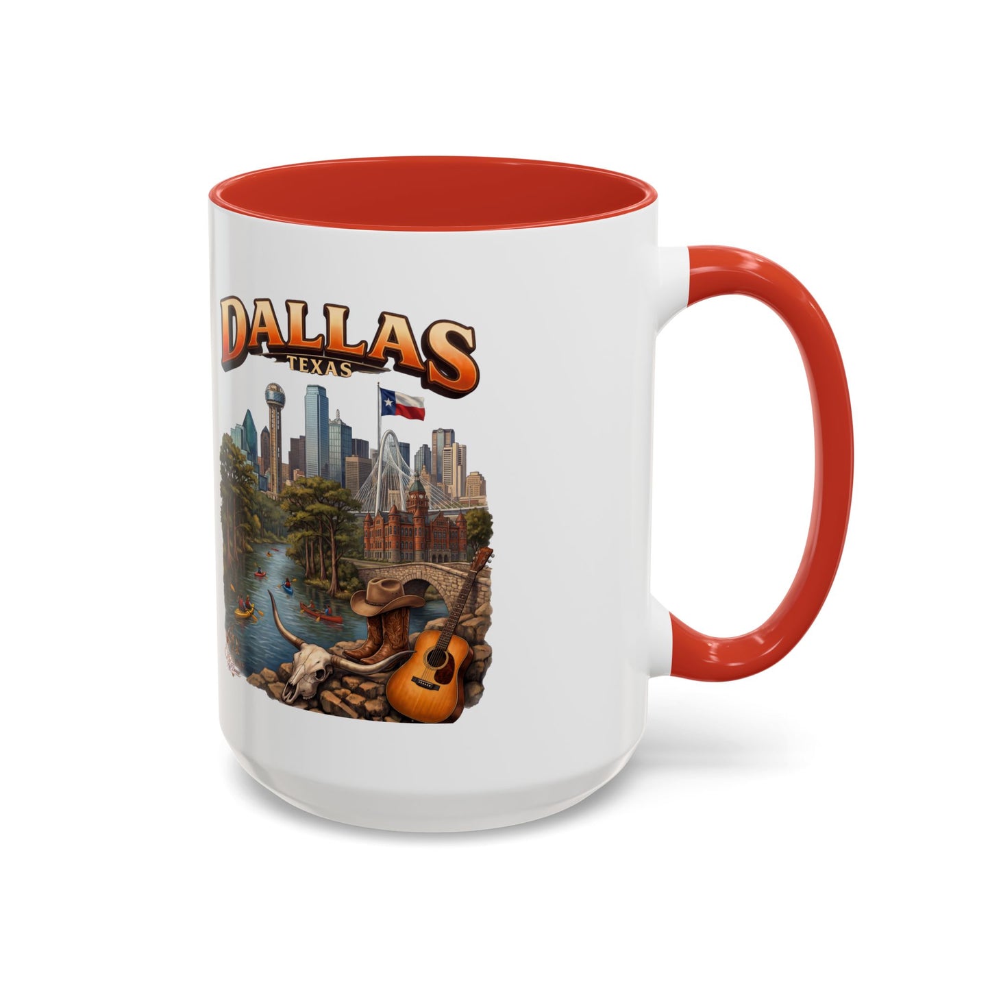 Dallas Skyline Accent Coffee Mug — Texas Souvenir Mug with Guitar & Cityscape