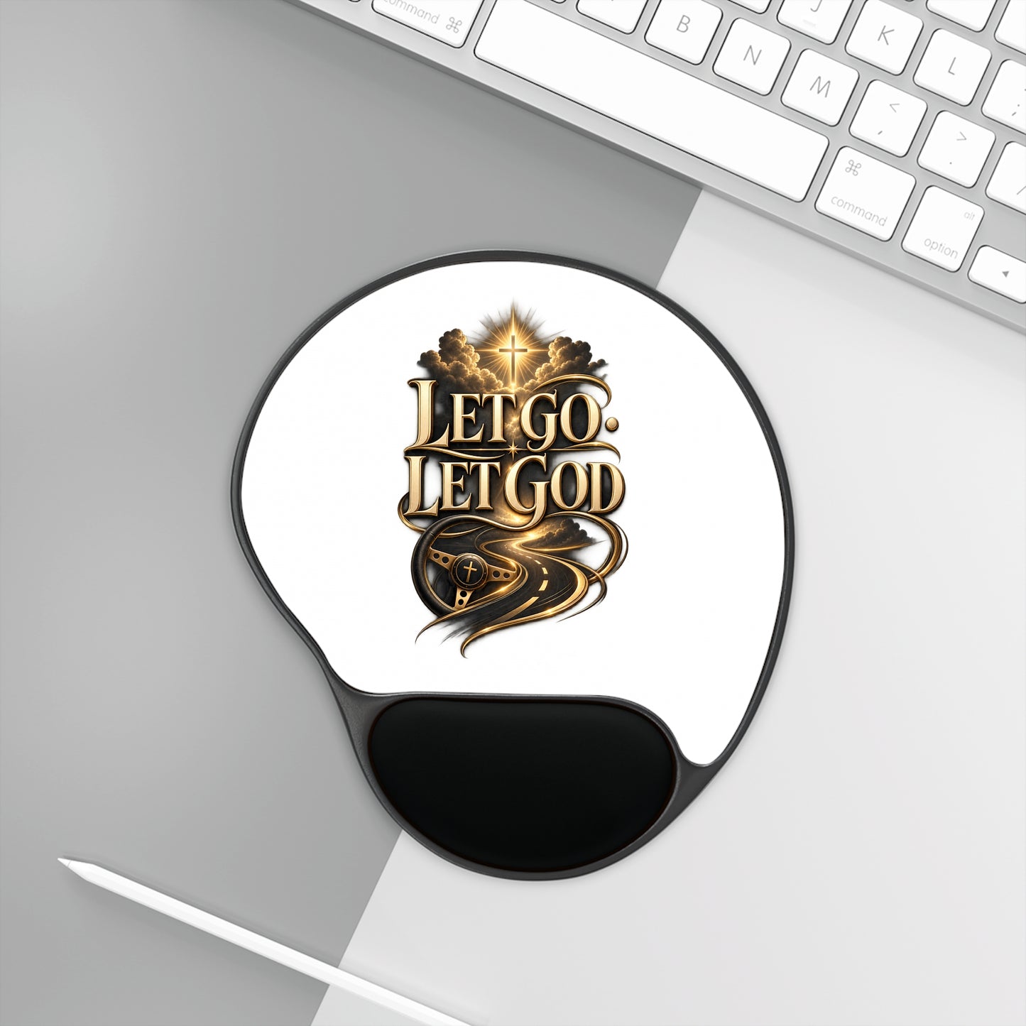 Let Go Let God Mouse Pad with Wrist Rest — Christian Inspirational Desk Accessory