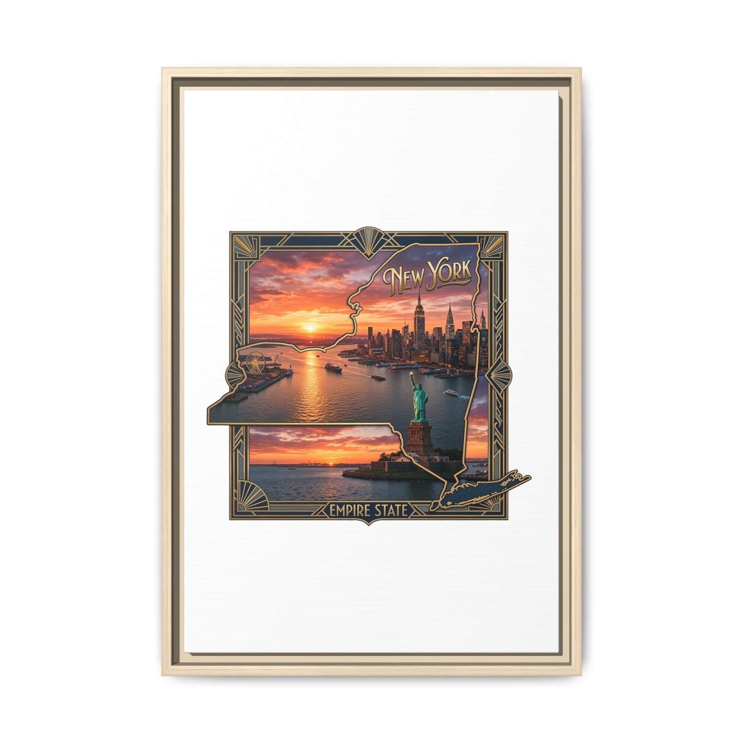 Framed Matte Canvas Wall Art — New York City Sunset Skyline with Statue of Liberty