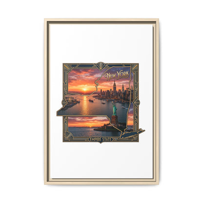 Framed Matte Canvas Wall Art — New York City Sunset Skyline with Statue of Liberty