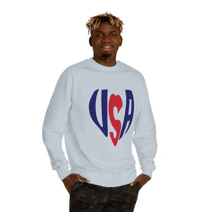 USA Heart Crewneck Sweatshirt — Patriotic Red & Blue Graphic
