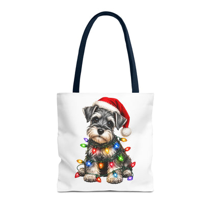 Christmas Schnauzer Tote Bag — Cute Puppy with Santa Hat & Holiday Lights