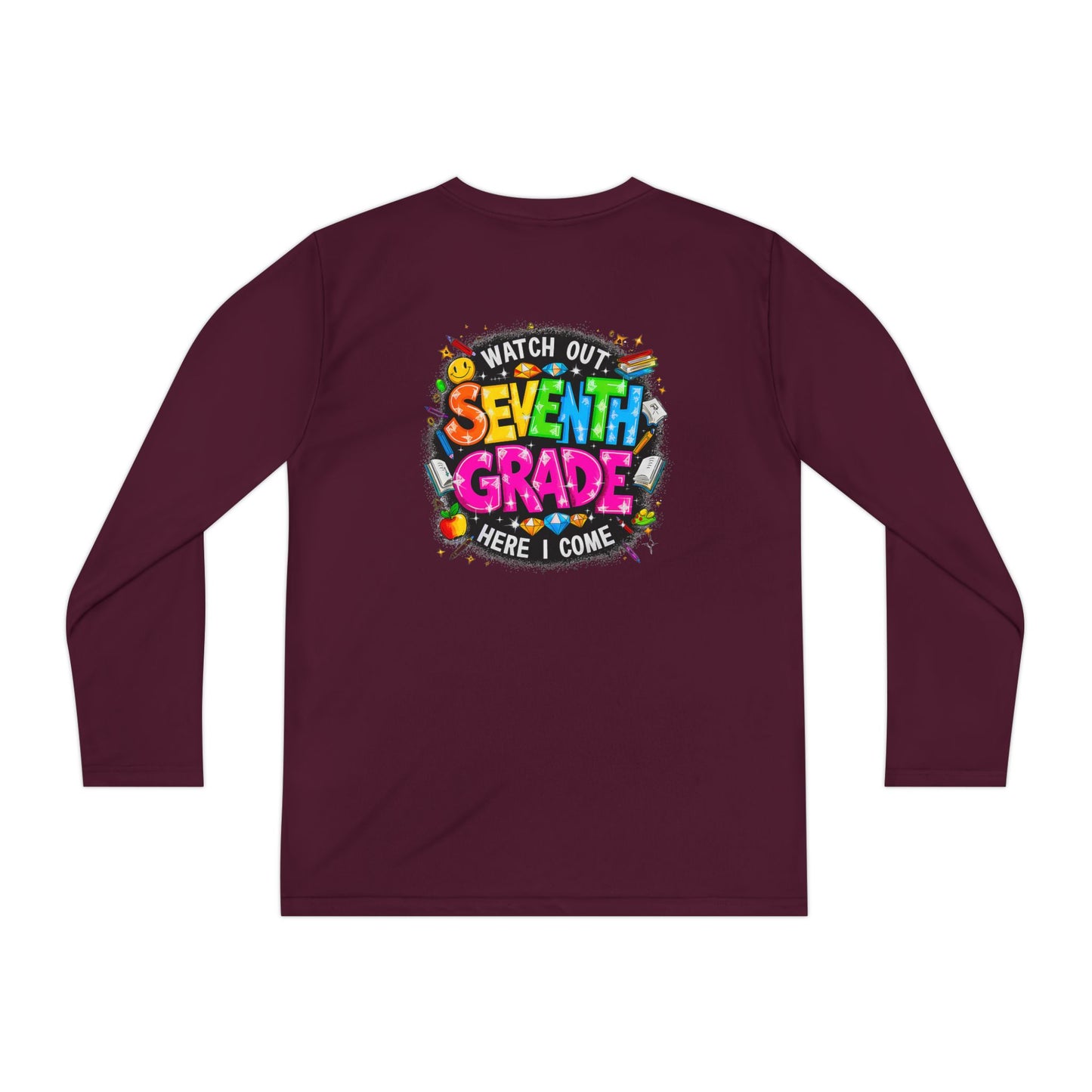 Seventh Grade Youth Long Sleeve Tee — "Watch Out Seventh Grade Here I Come" Back-to-School Shirt