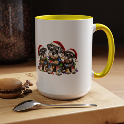 Christmas Puppy Coffee Mug — Cute Schnauzer Trio with Santa Hats & Holiday Lights (11/15oz)