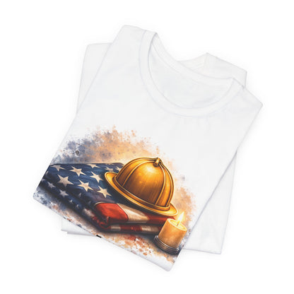 Never Forget Memorial T‑Shirt — Firefighter Helmet & Flag Tribute