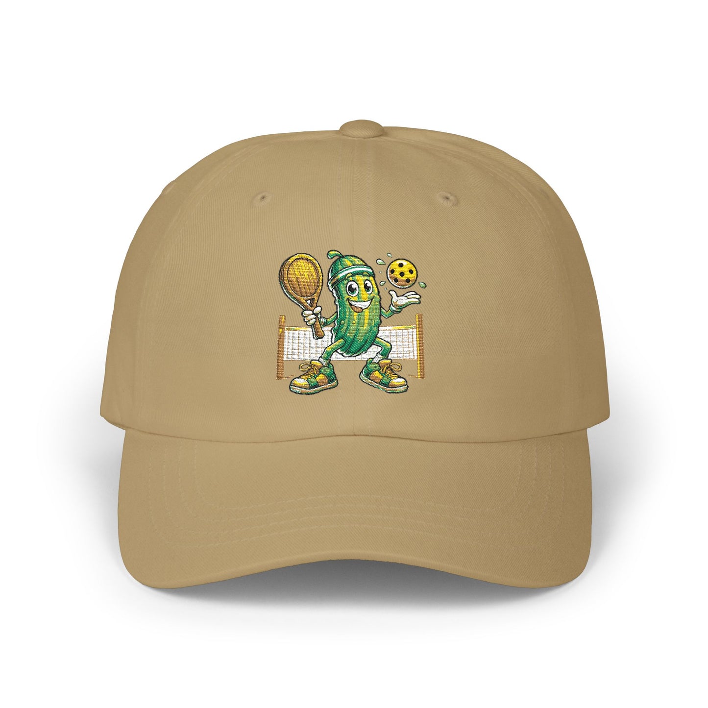 Pickleball Pickle Dad Cap — Retro Pickle Character Embroidered Baseball Hat
