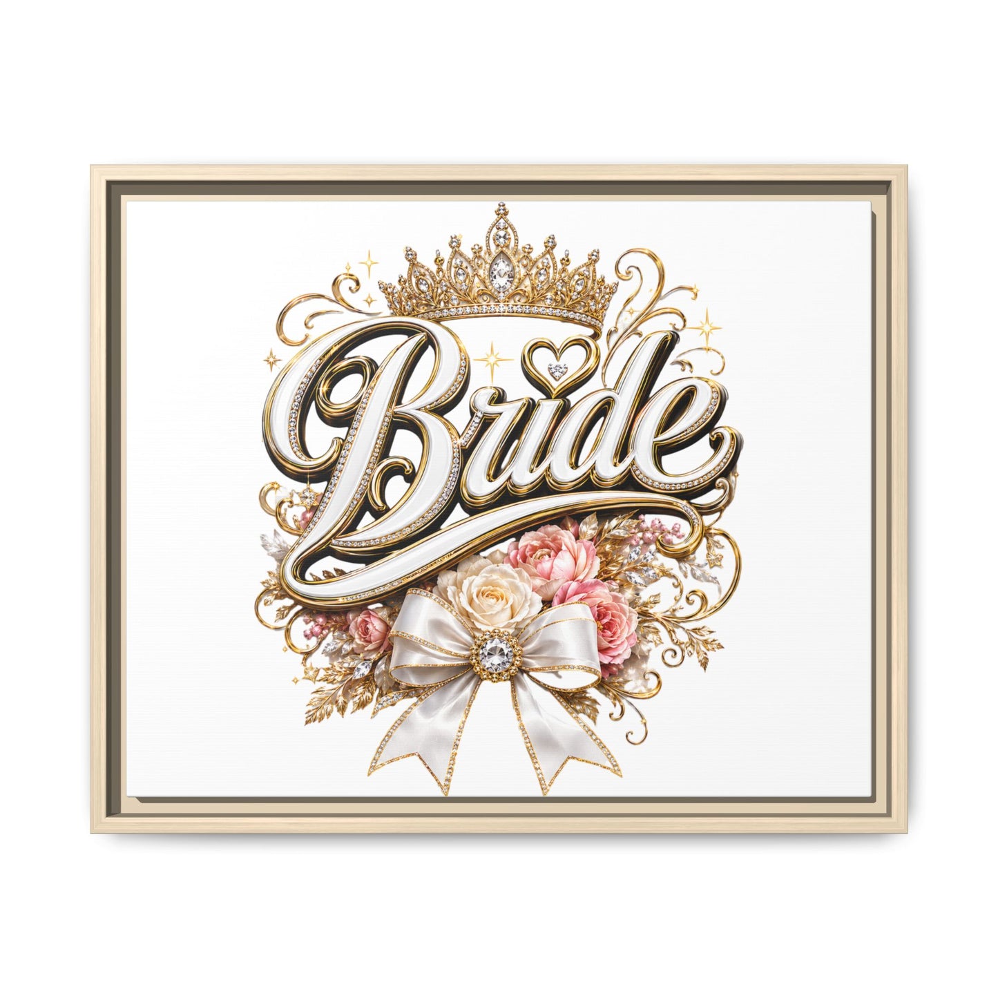 Framed Bride Canvas Wall Art — Elegant Bridal Crown & Floral Wedding Decor