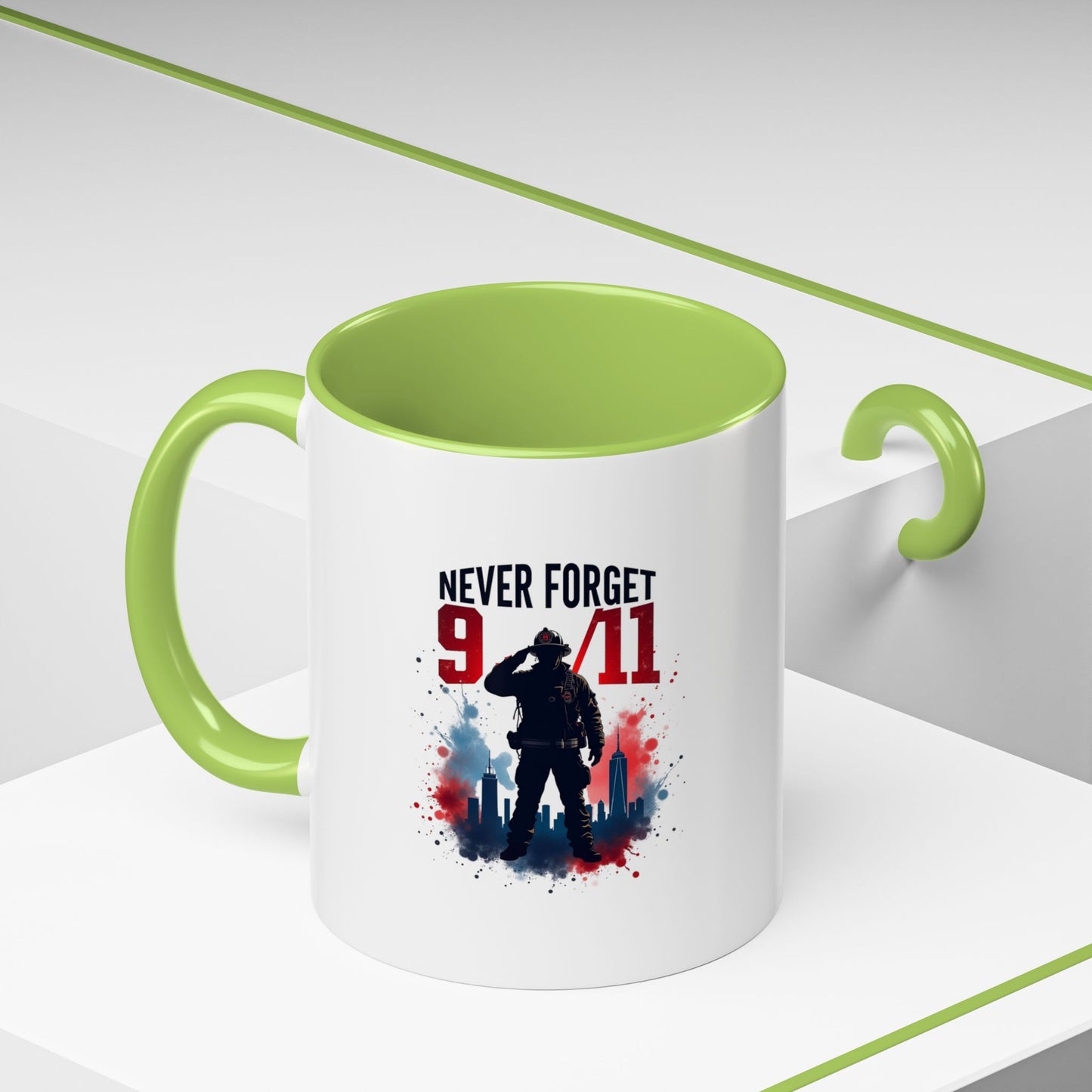 Never Forget 9/11 Accent Coffee Mug — Patriotic Memorial Tribute (11oz, 15oz)