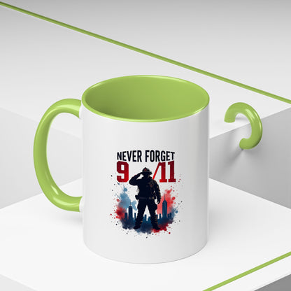 Never Forget 9/11 Accent Coffee Mug — Patriotic Memorial Tribute (11oz, 15oz)