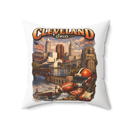 Cleveland Vintage Skyline Throw Pillow – Ohio Cityscape with Football & Rock Icons