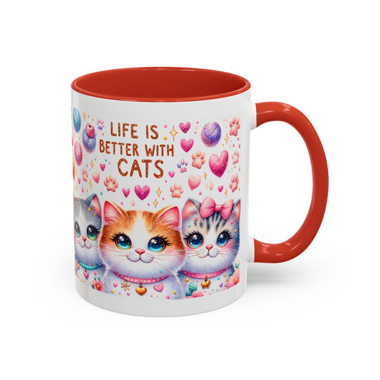 Cat Lover Accent Coffee Mug — "Life Is Better With Cats" Cute Kittens Design (11/15oz)