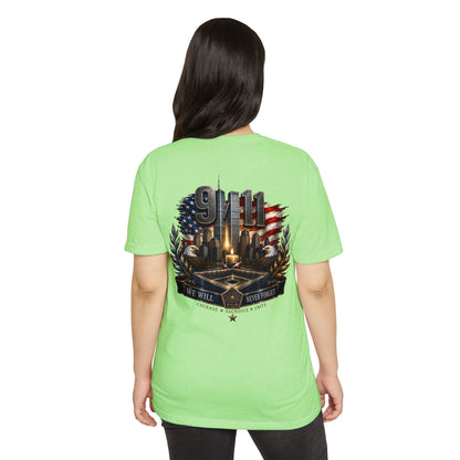 9/11 Never Forget Memorial T-Shirt — Tribute American Flag Skyline Tee