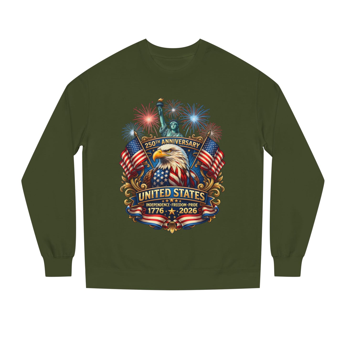 250th Anniversary United States Sweatshirt — Patriotic Eagle, Flags & Fireworks (1776–2026)