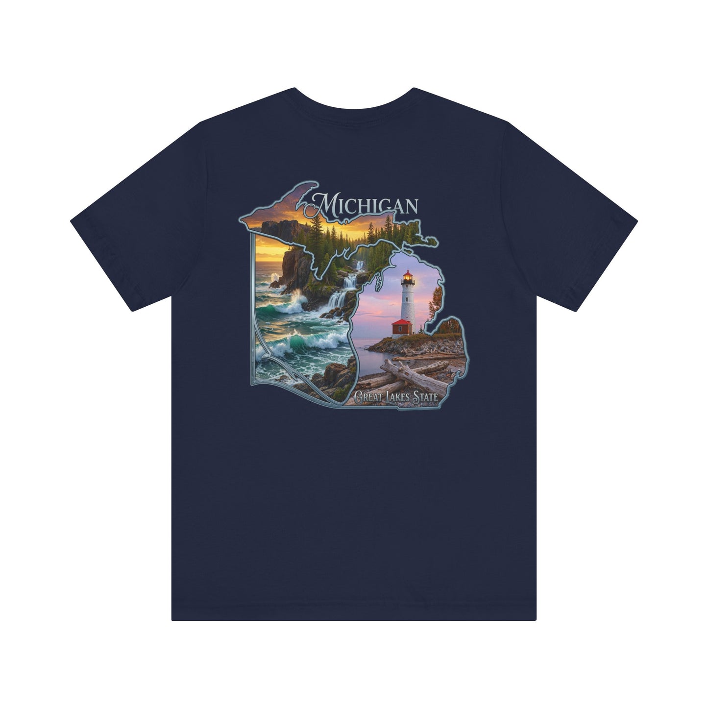 Michigan Scenic Map T-Shirt — Great Lakes Lighthouse Sunset Tee